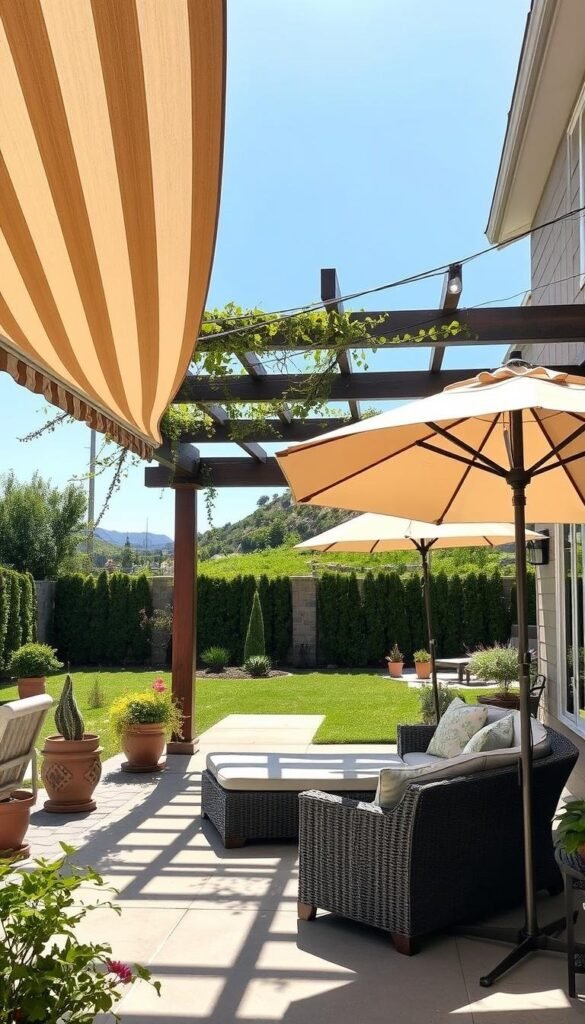 A sun-drenched patio with a variety of outdoor shade solutions, including a large, striped awning providing deep, cool shadows, a sturdy pergola with delicate vines intertwined, and a free-standing market umbrella offering a cozy nook of respite from the heat. Soft string lights dangle from the structure, casting a warm, ambient glow. Plush lounge chairs and a wicker loveseat invite visitors to relax and unwind, surrounded by potted greenery and a glimpse of a lush, landscaped backyard in the distance. The scene exudes a sense of tranquility and comfort, perfect for summer days and evenings spent in the great outdoors.