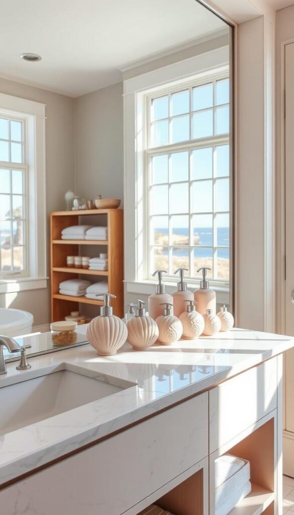A sunlit bathroom with a sleek marble vanity, the surface adorned with an array of seashell-inspired soap dispensers. The dispensers, in varying hues of beige, pink, and ivory, stand atop a wooden storage unit, its shelves neatly organized with towels, jars, and other spa-like accents. The warm, natural lighting filters through large windows, casting a soft glow on the scene. The overall atmosphere exudes a serene, coastal charm, inviting relaxation and a sense of rejuvenation. A sunlit bathroom with a sleek marble vanity, the surface adorned with an array of seashell-inspired soap dispensers. The dispensers, in varying hues of beige, pink, and ivory, stand atop a wooden storage unit, its shelves neatly organized with towels, jars, and other spa-like accents. The warm, natural lighting filters through large windows, casting a soft glow on the scene. The overall atmosphere exudes a serene, coastal charm, inviting relaxation and a sense of rejuvenation.
