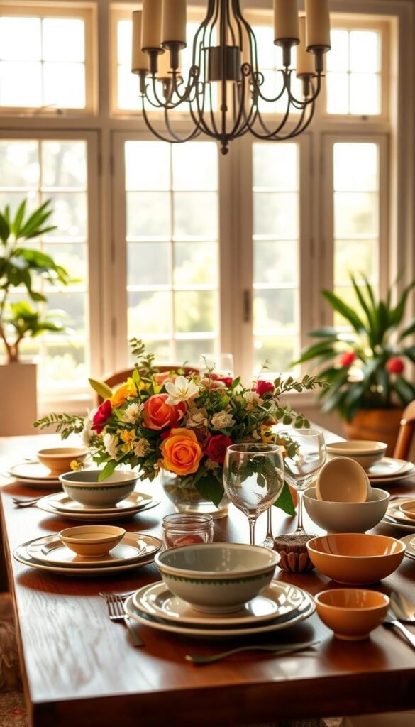 A sunlit summer dining room table, adorned with a lush floral centerpiece and an array of vibrant tableware. In the foreground, a selection of artfully arranged plates, bowls, and serving dishes in a mix of earthy tones, pastel hues, and metallic accents. In the middle ground, delicate glassware and a set of sleek, contemporary cutlery. The background features large windows that flood the space with warm, natural light, casting a soft, golden glow over the entire scene. The overall atmosphere is one of casual elegance, perfectly capturing the essence of alfresco dining during the summer months. A sunlit summer dining room table, adorned with a lush floral centerpiece and an array of vibrant tableware. In the foreground, a selection of artfully arranged plates, bowls, and serving dishes in a mix of earthy tones, pastel hues, and metallic accents. In the middle ground, delicate glassware and a set of sleek, contemporary cutlery. The background features large windows that flood the space with warm, natural light, casting a soft, golden glow over the entire scene. The overall atmosphere is one of casual elegance, perfectly capturing the essence of alfresco dining during the summer months.