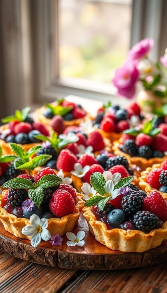 A tantalizing display of delectable fruit tarts, arranged artfully on a rustic wooden table. Flaky pastry crusts encase vibrant berries, such as raspberries, blueberries, and blackberries, nestled among delicate edible flowers. The tarts are garnished with fresh mint leaves, creating a harmonious blend of flavors and textures. Soft, natural lighting filters through a window, casting a warm glow on the scene, capturing the essence of a spring celebration. The composition is balanced and visually appealing, inviting the viewer to indulge in the tempting treats. A tantalizing display of delectable fruit tarts, arranged artfully on a rustic wooden table. Flaky pastry crusts encase vibrant berries, such as raspberries, blueberries, and blackberries, nestled among delicate edible flowers. The tarts are garnished with fresh mint leaves, creating a harmonious blend of flavors and textures. Soft, natural lighting filters through a window, casting a warm glow on the scene, capturing the essence of a spring celebration. The composition is balanced and visually appealing, inviting the viewer to indulge in the tempting treats.