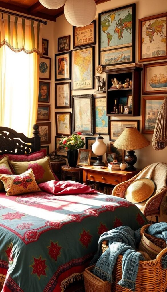 A vibrant and eclectic bedroom filled with travel-inspired decor. The morning sunlight streams through sheer curtains, casting a warm glow over a plush, jewel-toned bedding set adorned with embroidered patterns reminiscent of distant lands. Hanging on the walls, an assortment of framed vintage maps, travel posters, and artfully curated photographs depicting far-flung destinations. A carved wooden side table holds a collection of trinkets and souvenirs, each item a unique memento of past adventures. In the corner, a rattan chair with a cozy woven throw invites relaxation, while a woven basket overflows with straw hats and scarves, ready for the next journey. This bedroom is a sanctuary of global inspiration, a cozy retreat that celebrates the spirit of exploration. A vibrant and eclectic bedroom filled with travel-inspired decor. The morning sunlight streams through sheer curtains, casting a warm glow over a plush, jewel-toned bedding set adorned with embroidered patterns reminiscent of distant lands. Hanging on the walls, an assortment of framed vintage maps, travel posters, and artfully curated photographs depicting far-flung destinations. A carved wooden side table holds a collection of trinkets and souvenirs, each item a unique memento of past adventures. In the corner, a rattan chair with a cozy woven throw invites relaxation, while a woven basket overflows with straw hats and scarves, ready for the next journey. This bedroom is a sanctuary of global inspiration, a cozy retreat that celebrates the spirit of exploration.