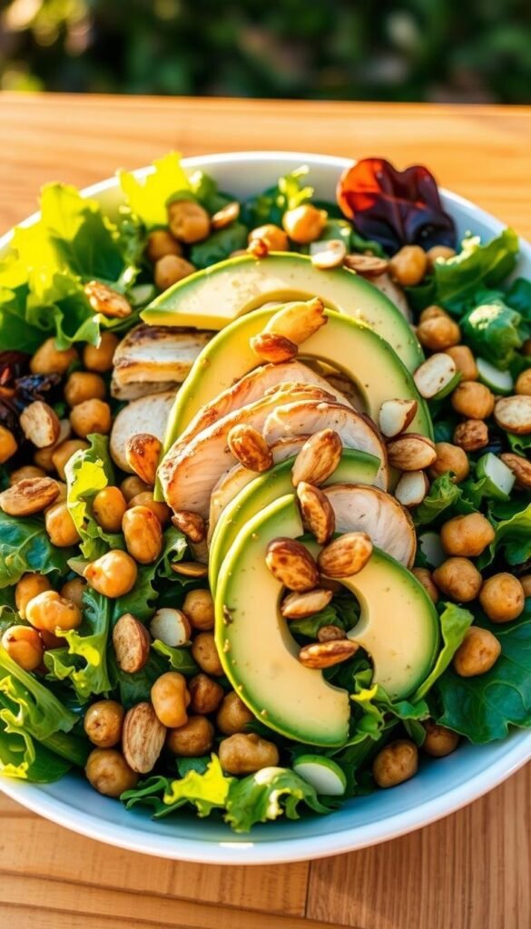 A vibrant and nutritious protein-packed salad, featuring a bed of fresh mixed greens, topped with succulent grilled chicken, creamy avocado slices, crunchy roasted chickpeas, and a sprinkle of toasted almonds. The salad is bathed in warm, golden afternoon light, captured from a high angle with a slightly blurred background, creating a sense of depth and focus on the delicious ingredients. The arrangement is visually appealing, with the colors and textures complementing each other in a harmonious and appetizing display, perfectly suited to illustrate a "Protein-Packed Choices for a Balanced Meal" section in a spring salad article. A vibrant and nutritious protein-packed salad, featuring a bed of fresh mixed greens, topped with succulent grilled chicken, creamy avocado slices, crunchy roasted chickpeas, and a sprinkle of toasted almonds. The salad is bathed in warm, golden afternoon light, captured from a high angle with a slightly blurred background, creating a sense of depth and focus on the delicious ingredients. The arrangement is visually appealing, with the colors and textures complementing each other in a harmonious and appetizing display, perfectly suited to illustrate a "Protein-Packed Choices for a Balanced Meal" section in a spring salad article.