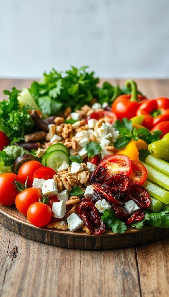 A vibrant arrangement of the most enticing salad toppings, beautifully presented on a rustic wooden surface with natural lighting. In the foreground, an assortment of fresh, crisp vegetables - juicy tomatoes, crunchy cucumbers, vibrant bell peppers, and fragrant herbs. In the middle ground, a selection of gourmet garnishes like toasted nuts, crumbled feta, and sun-dried tomatoes, adding texture and depth of flavor. The background features a clean, minimal setting, allowing the colors and textures of the toppings to take center stage. The overall scene exudes a sense of freshness, creativity, and culinary inspiration, perfectly capturing the essence of a visually captivating salad presentation. A vibrant arrangement of the most enticing salad toppings, beautifully presented on a rustic wooden surface with natural lighting. In the foreground, an assortment of fresh, crisp vegetables - juicy tomatoes, crunchy cucumbers, vibrant bell peppers, and fragrant herbs. In the middle ground, a selection of gourmet garnishes like toasted nuts, crumbled feta, and sun-dried tomatoes, adding texture and depth of flavor. The background features a clean, minimal setting, allowing the colors and textures of the toppings to take center stage. The overall scene exudes a sense of freshness, creativity, and culinary inspiration, perfectly capturing the essence of a visually captivating salad presentation.