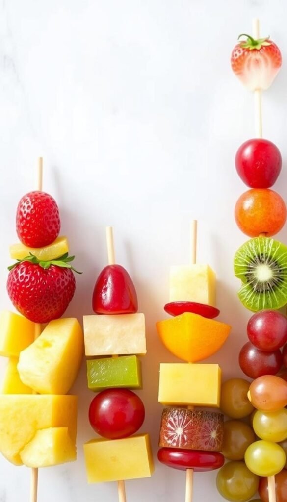 A vibrant array of fresh, juicy fruit skewers arranged artfully against a light, airy background. Plump strawberries, sweet pineapple chunks, tangy kiwi slices, and glossy grapes in a rainbow of colors thread through sturdy wooden skewers. Soft, natural lighting illuminates the skewers, casting gentle shadows and highlights that accentuate the luscious textures and vibrant hues of the fruit. The overall composition is visually appealing, inviting the viewer to imagine the refreshing burst of flavors. This cheerful, appetizing scene perfectly captures the spirit of "Fun with Fruit Skewers" - a delightful, healthy treat perfect for spring gatherings. A vibrant array of fresh, juicy fruit skewers arranged artfully against a light, airy background. Plump strawberries, sweet pineapple chunks, tangy kiwi slices, and glossy grapes in a rainbow of colors thread through sturdy wooden skewers. Soft, natural lighting illuminates the skewers, casting gentle shadows and highlights that accentuate the luscious textures and vibrant hues of the fruit. The overall composition is visually appealing, inviting the viewer to imagine the refreshing burst of flavors. This cheerful, appetizing scene perfectly captures the spirit of "Fun with Fruit Skewers" - a delightful, healthy treat perfect for spring gatherings.
