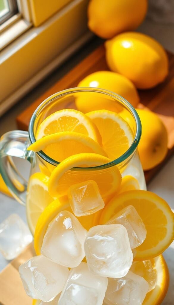 A vibrant array of fresh lemon wedges, sliced and ready to squeeze, resting atop a clean, glass pitcher. Crisp ice cubes glisten in the foreground, catching the warm, natural light from an overhead window. In the background, a wooden cutting board holds a few whole lemons, their bright yellow skin glistening. The scene is bathed in a soft, golden glow, evoking the refreshing essence of a perfect summer day. The composition is simple yet elegant, showcasing the essential ingredients for a classic, homemade lemonade. A vibrant array of fresh lemon wedges, sliced and ready to squeeze, resting atop a clean, glass pitcher. Crisp ice cubes glisten in the foreground, catching the warm, natural light from an overhead window. In the background, a wooden cutting board holds a few whole lemons, their bright yellow skin glistening. The scene is bathed in a soft, golden glow, evoking the refreshing essence of a perfect summer day. The composition is simple yet elegant, showcasing the essential ingredients for a classic, homemade lemonade.