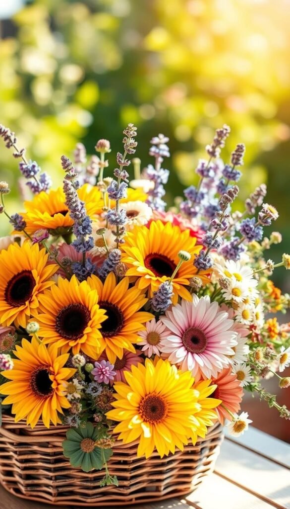 A vibrant array of summer floral decor color palettes, captured in a lush, sun-dappled scene. The foreground showcases an assortment of blooming flowers, including vivid sunflowers, delicate lavender sprigs, and cheerful daisies, artfully arranged in a rustic wicker basket. The middle ground features a mix of complementary hues, such as warm ochres, soft pinks, and soothing blues, creating a harmonious and inviting atmosphere. In the background, a blurred verdant backdrop suggests a serene garden setting, accentuating the natural, organic feel of the composition. Warm, golden lighting casts a gentle glow, highlighting the texture and vibrancy of the floral elements. The overall aesthetic evokes a sense of summer's abundant beauty and the joyful possibilities of floral-inspired decor. A vibrant array of summer floral decor color palettes, captured in a lush, sun-dappled scene. The foreground showcases an assortment of blooming flowers, including vivid sunflowers, delicate lavender sprigs, and cheerful daisies, artfully arranged in a rustic wicker basket. The middle ground features a mix of complementary hues, such as warm ochres, soft pinks, and soothing blues, creating a harmonious and inviting atmosphere. In the background, a blurred verdant backdrop suggests a serene garden setting, accentuating the natural, organic feel of the composition. Warm, golden lighting casts a gentle glow, highlighting the texture and vibrancy of the floral elements. The overall aesthetic evokes a sense of summer's abundant beauty and the joyful possibilities of floral-inspired decor.