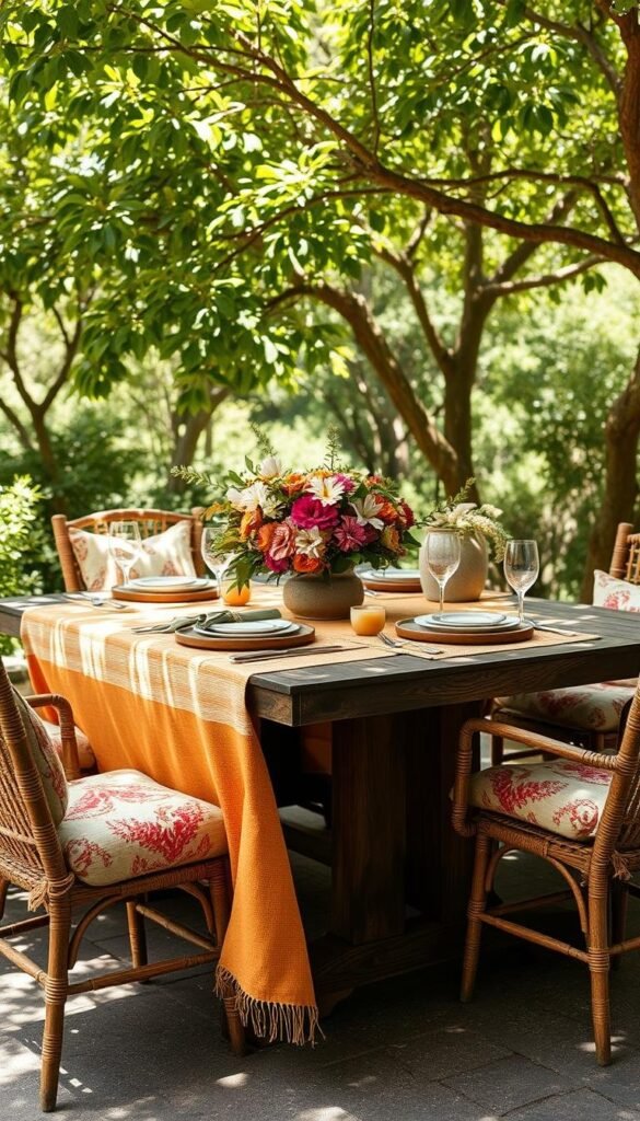 A vibrant outdoor dining scene, sunlight filtering through a canopy of leafy trees. A rustic wooden table is adorned with a textured linen tablecloth in a warm, earthy palette. Patterned cushions in complementary hues line the chairs, inviting guests to linger. Woven placemats, ceramic dishware, and a centerpiece of fresh summer blooms create a cohesive, natural aesthetic. Soft shadows dance across the scene, lending a serene and inviting atmosphere. The overall composition evokes a sense of relaxed, al fresco enjoyment, perfect for a summer dining experience. A vibrant outdoor dining scene, sunlight filtering through a canopy of leafy trees. A rustic wooden table is adorned with a textured linen tablecloth in a warm, earthy palette. Patterned cushions in complementary hues line the chairs, inviting guests to linger. Woven placemats, ceramic dishware, and a centerpiece of fresh summer blooms create a cohesive, natural aesthetic. Soft shadows dance across the scene, lending a serene and inviting atmosphere. The overall composition evokes a sense of relaxed, al fresco enjoyment, perfect for a summer dining experience.