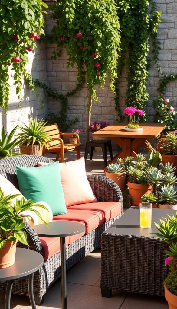 A vibrant patio oasis, bathed in warm afternoon sunlight. In the foreground, an elegant wicker loveseat adorned with plush, colorful cushions invites leisurely relaxation. Nearby, a modern side table holds a lush potted plant and a refreshing glass of lemonade. In the middle ground, a wooden dining set is surrounded by an array of potted succulents and flowering plants, casting playful shadows. The background features a stone or brick wall, softened by the trailing vines of cascading ivy. The overall scene exudes a sense of tranquility and refreshment, perfect for brightening any space. A vibrant patio oasis, bathed in warm afternoon sunlight. In the foreground, an elegant wicker loveseat adorned with plush, colorful cushions invites leisurely relaxation. Nearby, a modern side table holds a lush potted plant and a refreshing glass of lemonade. In the middle ground, a wooden dining set is surrounded by an array of potted succulents and flowering plants, casting playful shadows. The background features a stone or brick wall, softened by the trailing vines of cascading ivy. The overall scene exudes a sense of tranquility and refreshment, perfect for brightening any space.