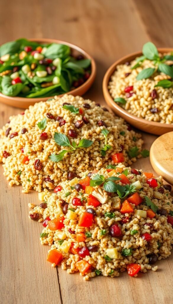A vibrant spread of grain-based salads, artfully arranged on a wooden table. In the foreground, a hearty quinoa salad with roasted vegetables, vibrant colors and textures popping against the natural wood backdrop. Middle ground features a fluffy bulgur wheat salad with fresh herbs, pomegranate seeds, and toasted nuts. In the background, a delicate farro salad with mixed greens, dried cranberries, and a light vinaigrette dressing. Warm, natural lighting casts a soft glow, highlighting the wholesome, flavor-packed ingredients. The overall scene evokes a sense of freshness, wholesomeness, and springtime abundance. A vibrant spread of grain-based salads, artfully arranged on a wooden table. In the foreground, a hearty quinoa salad with roasted vegetables, vibrant colors and textures popping against the natural wood backdrop. Middle ground features a fluffy bulgur wheat salad with fresh herbs, pomegranate seeds, and toasted nuts. In the background, a delicate farro salad with mixed greens, dried cranberries, and a light vinaigrette dressing. Warm, natural lighting casts a soft glow, highlighting the wholesome, flavor-packed ingredients. The overall scene evokes a sense of freshness, wholesomeness, and springtime abundance.