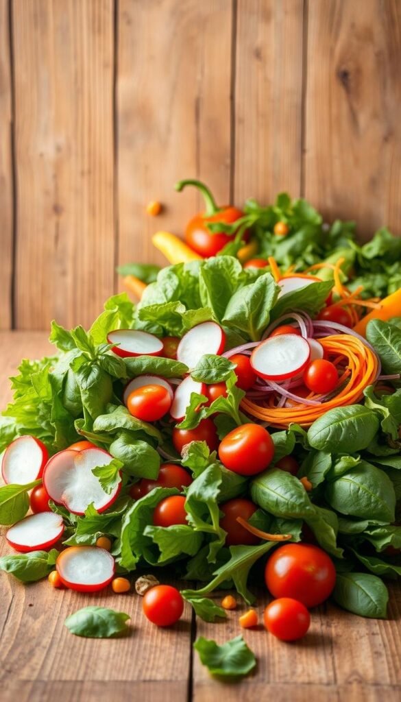 A vibrant still life of freshly picked salad ingredients, artfully arranged on a wooden surface. In the foreground, a lush array of leafy greens - crisp romaine, tender spinach, and aromatic basil. Interspersed are crunchy slices of radish, juicy cherry tomatoes, and thin ribbons of vibrant carrot. In the middle ground, a scattering of peppers in a range of colors - bright red, sunny yellow, and deep green - adding pops of vibrant hues. The background features a rustic, weathered wood surface, casting a warm, natural glow over the scene. Soft, diffused lighting illuminates the verdant produce, highlighting their textural details and vivid pigments. The overall composition is balanced and visually captivating, inviting the viewer to savor the fresh, flavorful ingredients. A vibrant still life of freshly picked salad ingredients, artfully arranged on a wooden surface. In the foreground, a lush array of leafy greens - crisp romaine, tender spinach, and aromatic basil. Interspersed are crunchy slices of radish, juicy cherry tomatoes, and thin ribbons of vibrant carrot. In the middle ground, a scattering of peppers in a range of colors - bright red, sunny yellow, and deep green - adding pops of vibrant hues. The background features a rustic, weathered wood surface, casting a warm, natural glow over the scene. Soft, diffused lighting illuminates the verdant produce, highlighting their textural details and vivid pigments. The overall composition is balanced and visually captivating, inviting the viewer to savor the fresh, flavorful ingredients.