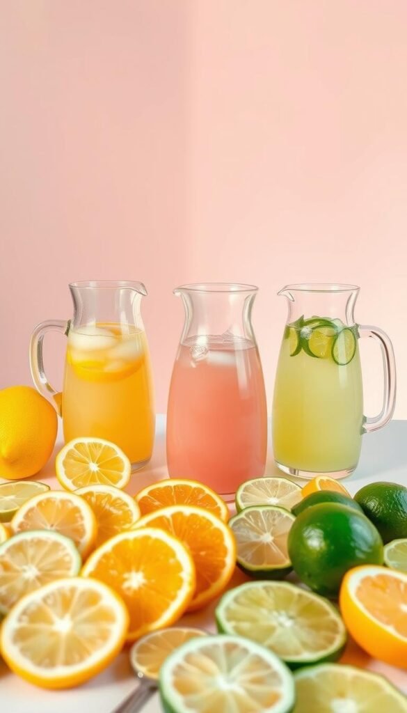 A vibrant still life showcasing an array of lemonade flavors against a soft, pastel backdrop. In the foreground, an assortment of freshly sliced citrus fruits - lemons, limes, oranges - arranged artfully. Delicate glass pitchers filled with lemonade in varying hues of yellow, pink, and green stand in the middle ground, reflecting the natural light. In the background, a simple white countertop or table, allowing the flavors to take center stage. Soft, warm lighting casts a gentle glow, creating a serene, summertime atmosphere. The overall composition is balanced, highlighting the creative twists on the classic lemonade recipe. A vibrant still life showcasing an array of lemonade flavors against a soft, pastel backdrop. In the foreground, an assortment of freshly sliced citrus fruits - lemons, limes, oranges - arranged artfully. Delicate glass pitchers filled with lemonade in varying hues of yellow, pink, and green stand in the middle ground, reflecting the natural light. In the background, a simple white countertop or table, allowing the flavors to take center stage. Soft, warm lighting casts a gentle glow, creating a serene, summertime atmosphere. The overall composition is balanced, highlighting the creative twists on the classic lemonade recipe.