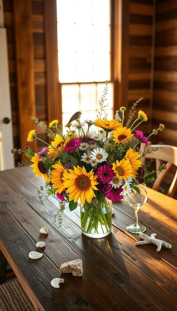 A vibrant summer centerpiece adorns a rustic wooden dining table, bathed in warm, golden sunlight filtering through a large window. The centerpiece features an artful arrangement of fresh, colorful flowers - sunflowers, daisies, and wildflowers - overflowing from a simple glass vase. Nearby, a few scattered seashells and driftwood pieces add a subtle coastal touch. The overall scene exudes a sense of effortless, natural beauty, perfectly complementing the dining area's casual, summery ambiance. A vibrant summer centerpiece adorns a rustic wooden dining table, bathed in warm, golden sunlight filtering through a large window. The centerpiece features an artful arrangement of fresh, colorful flowers - sunflowers, daisies, and wildflowers - overflowing from a simple glass vase. Nearby, a few scattered seashells and driftwood pieces add a subtle coastal touch. The overall scene exudes a sense of effortless, natural beauty, perfectly complementing the dining area's casual, summery ambiance.