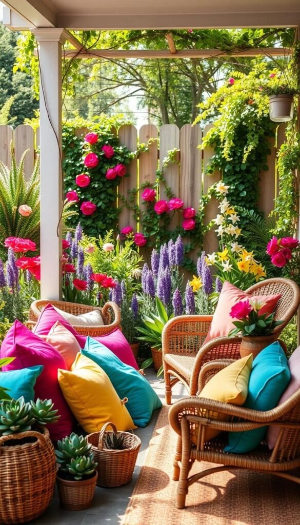 A vibrant, sun-drenched outdoor scene, brimming with lush greenery and an abundance of colorful decor elements. In the foreground, a cozy porch adorned with an array of plush pillows in vivid hues of fuchsia, turquoise, and sunshine yellow. Woven baskets, potted succulents, and an inviting wicker chair add texture and warmth. The middle ground features a flourishing garden, its blooming flowers casting a kaleidoscope of colors - crimson red roses, lavender, and cheerful daffodils. In the background, a picturesque wooden fence is draped with cascading vines, creating a sense of lush, natural enclosure. Soft, diffused lighting filters through the scene, imbuing the entire composition with a vibrant, summer-inspired ambiance. A vibrant, sun-drenched outdoor scene, brimming with lush greenery and an abundance of colorful decor elements. In the foreground, a cozy porch adorned with an array of plush pillows in vivid hues of fuchsia, turquoise, and sunshine yellow. Woven baskets, potted succulents, and an inviting wicker chair add texture and warmth. The middle ground features a flourishing garden, its blooming flowers casting a kaleidoscope of colors - crimson red roses, lavender, and cheerful daffodils. In the background, a picturesque wooden fence is draped with cascading vines, creating a sense of lush, natural enclosure. Soft, diffused lighting filters through the scene, imbuing the entire composition with a vibrant, summer-inspired ambiance.