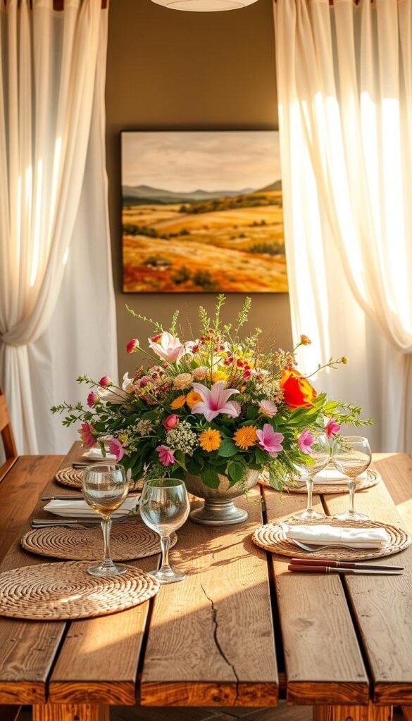 A vibrant, sun-drenched summer tablescape adorned with a lush botanical centerpiece, framed by a rustic wooden table and benches. Delicate floral arrangements, woven placemats, and mismatched vintage glassware create a charming, effortless display. Warm beams of light filter through sheer curtains, casting a soft, golden glow over the scene. In the background, an abstract landscape painting in earthy tones complements the natural elements. The overall atmosphere evokes a sense of relaxed elegance, perfect for alfresco dining and entertaining during the height of the season. A vibrant, sun-drenched summer tablescape adorned with a lush botanical centerpiece, framed by a rustic wooden table and benches. Delicate floral arrangements, woven placemats, and mismatched vintage glassware create a charming, effortless display. Warm beams of light filter through sheer curtains, casting a soft, golden glow over the scene. In the background, an abstract landscape painting in earthy tones complements the natural elements. The overall atmosphere evokes a sense of relaxed elegance, perfect for alfresco dining and entertaining during the height of the season.