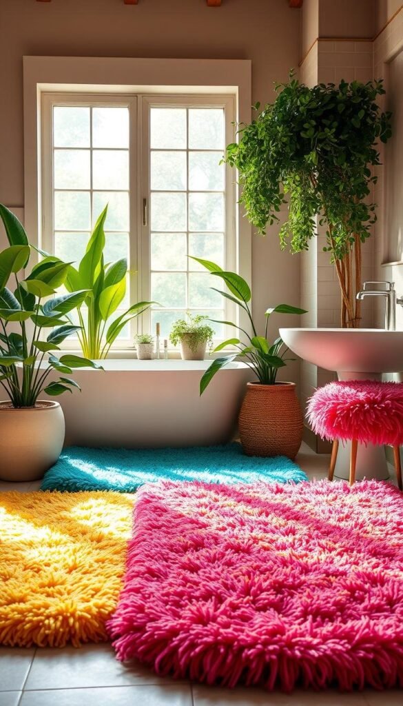 A vividly colorful and textured summer bathroom rug scene, with plush, vibrant shag rugs in shades of fuchsia, teal, and sunshine yellow. The rugs are arranged in a cozy, layered arrangement, softly illuminated by warm natural lighting filtering through a large window. Lush, verdant potted plants and fresh greenery add pops of organic life, while calming, neutral walls and tile create a soothing, spa-like atmosphere. The entire composition evokes a relaxing, rejuvenating vibe perfect for updating a summer bathroom. A vividly colorful and textured summer bathroom rug scene, with plush, vibrant shag rugs in shades of fuchsia, teal, and sunshine yellow. The rugs are arranged in a cozy, layered arrangement, softly illuminated by warm natural lighting filtering through a large window. Lush, verdant potted plants and fresh greenery add pops of organic life, while calming, neutral walls and tile create a soothing, spa-like atmosphere. The entire composition evokes a relaxing, rejuvenating vibe perfect for updating a summer bathroom.