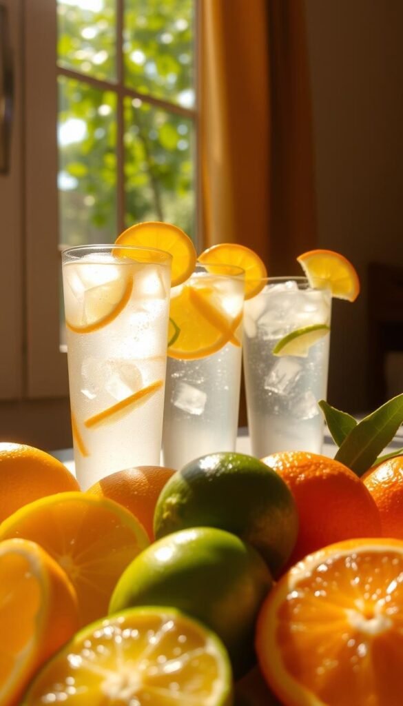 A warm, sunlit scene of fresh citrus fruits and refreshing lemonade glasses. In the foreground, vibrant lemons, limes, and oranges are artfully arranged, their juicy slices glistening. In the middle ground, tall glasses filled with icy lemonade, garnished with citrus wedges, stand out against a soft, blurred background. Dappled sunlight filters through a window, casting a gentle glow and creating a sense of natural, healthful vitality. The overall mood is one of inviting refreshment and the vibrant, restorative properties of citrus-based drinks. A warm, sunlit scene of fresh citrus fruits and refreshing lemonade glasses. In the foreground, vibrant lemons, limes, and oranges are artfully arranged, their juicy slices glistening. In the middle ground, tall glasses filled with icy lemonade, garnished with citrus wedges, stand out against a soft, blurred background. Dappled sunlight filters through a window, casting a gentle glow and creating a sense of natural, healthful vitality. The overall mood is one of inviting refreshment and the vibrant, restorative properties of citrus-based drinks.