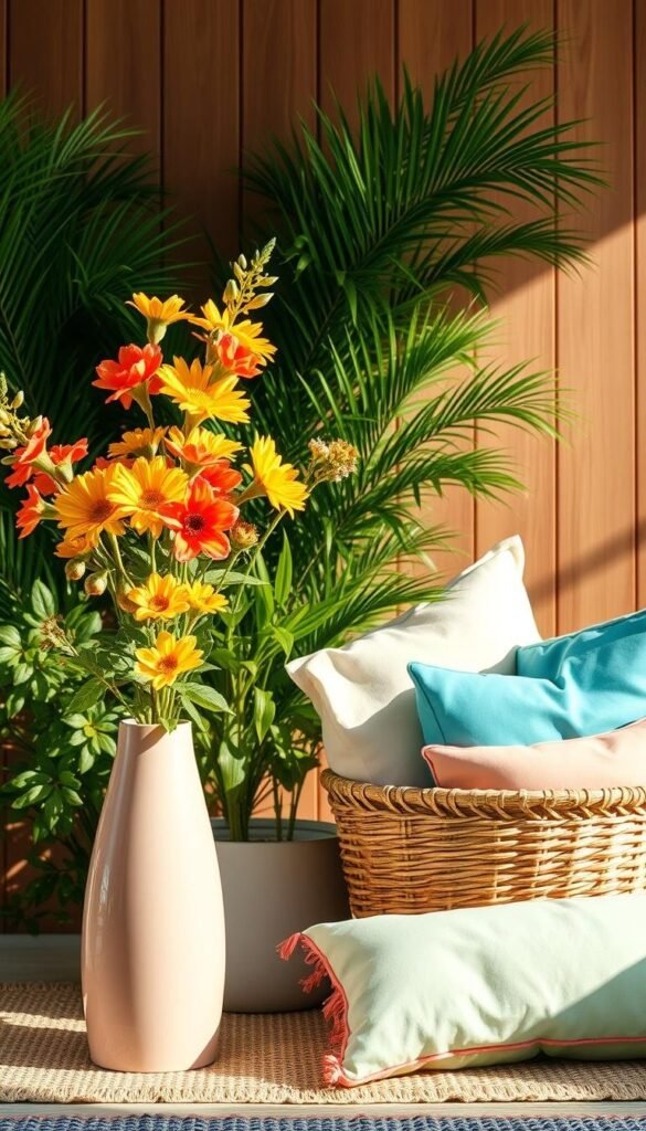 A well-curated collection of trendy summer home accents arranged in a harmonious color scheme. In the foreground, a modern vase filled with vibrant blooms in shades of orange, yellow, and pink, set against a backdrop of lush, verdant greenery. In the middle ground, a woven basket overflows with an array of decorative pillows in complementary hues of mint, turquoise, and coral. The background features a sleek wood-paneled wall, bathed in warm, natural lighting that casts a soft, inviting glow on the entire scene. The overall composition emanates a sense of freshness, vitality, and a touch of coastal-inspired elegance, perfectly capturing the essence of a summer home decor palette. A well-curated collection of trendy summer home accents arranged in a harmonious color scheme. In the foreground, a modern vase filled with vibrant blooms in shades of orange, yellow, and pink, set against a backdrop of lush, verdant greenery. In the middle ground, a woven basket overflows with an array of decorative pillows in complementary hues of mint, turquoise, and coral. The background features a sleek wood-paneled wall, bathed in warm, natural lighting that casts a soft, inviting glow on the entire scene. The overall composition emanates a sense of freshness, vitality, and a touch of coastal-inspired elegance, perfectly capturing the essence of a summer home decor palette.