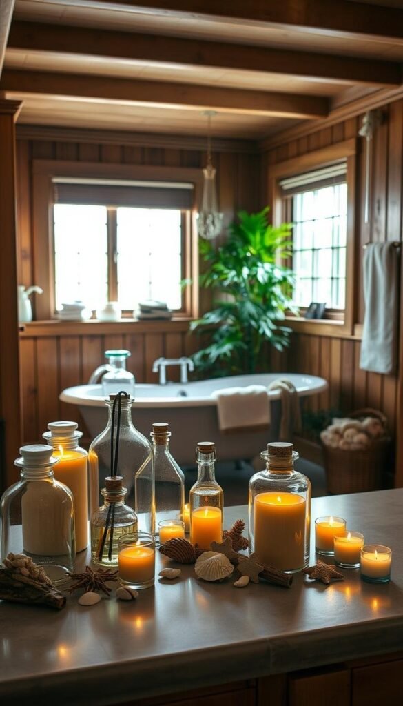 A well-lit, cozy nautical-style bathroom with wooden paneling and tiled floors. In the foreground, a collection of stylish glass jars and bottles filled with fragrant bath oils and candles, their soft glow creating a relaxing ambiance. On the countertop, a scattering of seashells, driftwood, and decorative nautical accents. The middle ground features a clawfoot tub, its classic silhouette complemented by plush towels and a lush green houseplant. Soft, diffused lighting filters in through a large window, casting a warm, soothing glow throughout the space. The overall mood is one of tranquility and spa-like serenity. A well-lit, cozy nautical-style bathroom with wooden paneling and tiled floors. In the foreground, a collection of stylish glass jars and bottles filled with fragrant bath oils and candles, their soft glow creating a relaxing ambiance. On the countertop, a scattering of seashells, driftwood, and decorative nautical accents. The middle ground features a clawfoot tub, its classic silhouette complemented by plush towels and a lush green houseplant. Soft, diffused lighting filters in through a large window, casting a warm, soothing glow throughout the space. The overall mood is one of tranquility and spa-like serenity.
