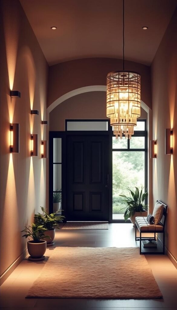 A well-lit, inviting entryway with a modern, minimalist aesthetic. Soft, warm lighting fixtures line the walls, casting a gentle glow that illuminates the space. Sleek, metallic sconces with adjustable beams create strategic pools of light, highlighting architectural details. Overhead, a stunning pendant light with a cascading design hangs, its intricate glass or metal structure catching the light and casting mesmerizing shadows. Underfoot, a plush, neutral-toned rug grounds the space, while potted plants and a simple, decorative bench add a touch of nature and comfort. The overall atmosphere is one of sophisticated elegance, perfectly setting the stage for a welcoming summer entrance. A well-lit, inviting entryway with a modern, minimalist aesthetic. Soft, warm lighting fixtures line the walls, casting a gentle glow that illuminates the space. Sleek, metallic sconces with adjustable beams create strategic pools of light, highlighting architectural details. Overhead, a stunning pendant light with a cascading design hangs, its intricate glass or metal structure catching the light and casting mesmerizing shadows. Underfoot, a plush, neutral-toned rug grounds the space, while potted plants and a simple, decorative bench add a touch of nature and comfort. The overall atmosphere is one of sophisticated elegance, perfectly setting the stage for a welcoming summer entrance.
