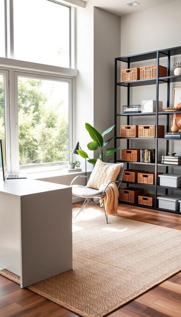 A well-organized and visually striking modern home office, flooded with natural light from large windows. The foreground features a minimalist, L-shaped desk with clean lines and a streamlined silhouette, complemented by a modular shelving system showcasing decorative storage solutions like wicker baskets, wooden crates, and sleek acrylic trays. In the middle ground, a cozy lounge chair with a plush throw blanket invites relaxation, while the background displays a lush, green indoor plant and a piece of abstract wall art, creating a sense of balance and harmony. The overall aesthetic is a harmonious blend of functionality, style, and seasonality, perfectly capturing the essence of an efficient, yet visually appealing summer home office. A well-organized and visually striking modern home office, flooded with natural light from large windows. The foreground features a minimalist, L-shaped desk with clean lines and a streamlined silhouette, complemented by a modular shelving system showcasing decorative storage solutions like wicker baskets, wooden crates, and sleek acrylic trays. In the middle ground, a cozy lounge chair with a plush throw blanket invites relaxation, while the background displays a lush, green indoor plant and a piece of abstract wall art, creating a sense of balance and harmony. The overall aesthetic is a harmonious blend of functionality, style, and seasonality, perfectly capturing the essence of an efficient, yet visually appealing summer home office.