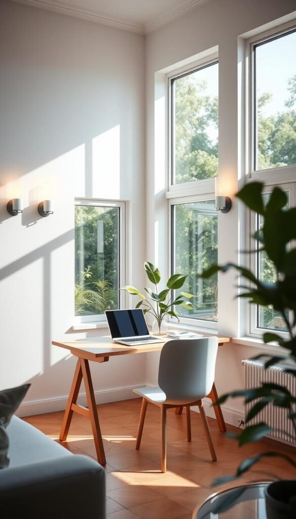 An airy, sunlit home office with natural light streaming through large windows. A minimalist desk with a laptop, potted plant, and a few essential office supplies positioned neatly. Warm wooden accents complement the white walls and soft gray furnishings, creating a calming and productive atmosphere. Indirect lighting from wall sconces casts a gentle glow, accentuating the natural luminance. The room is framed by lush greenery outside, blurring the boundaries between indoors and outdoors. An overall sense of openness, serenity, and inspiration permeates the space, perfectly suited for focused work and creative endeavors. An airy, sunlit home office with natural light streaming through large windows. A minimalist desk with a laptop, potted plant, and a few essential office supplies positioned neatly. Warm wooden accents complement the white walls and soft gray furnishings, creating a calming and productive atmosphere. Indirect lighting from wall sconces casts a gentle glow, accentuating the natural luminance. The room is framed by lush greenery outside, blurring the boundaries between indoors and outdoors. An overall sense of openness, serenity, and inspiration permeates the space, perfectly suited for focused work and creative endeavors.
