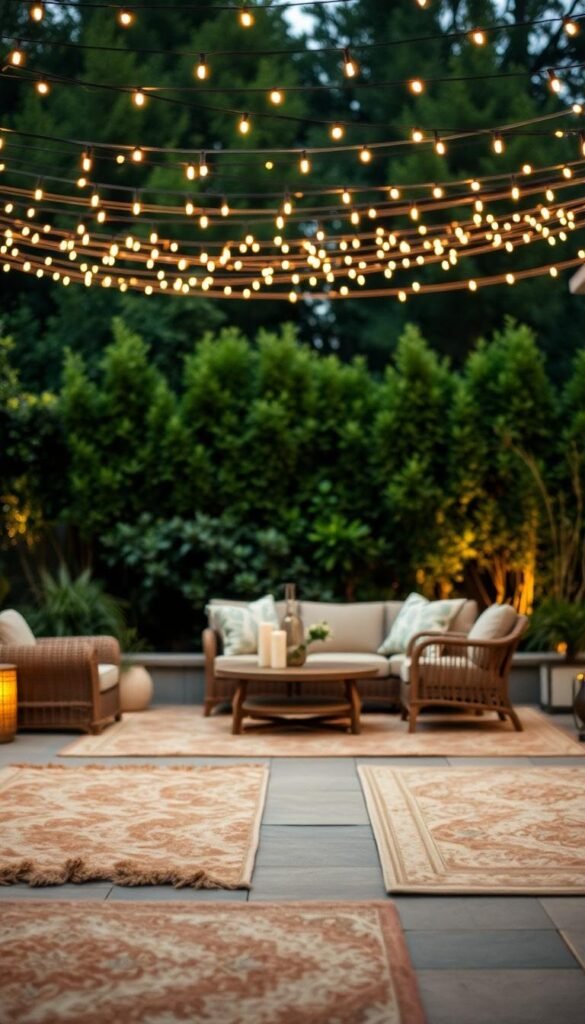 An elegant outdoor rug collection with delicate string lights gently illuminating the scene. In the foreground, a cozy seating area with plush, patterned rugs in earthy tones. Overhead, a canopy of twinkling lights creates a warm, inviting atmosphere, perfect for evening gatherings. Lush greenery in the background sets the stage, evoking a sense of tranquility and relaxation. The lighting is soft and diffused, casting a magical glow across the patio. Captured at a mid-range angle to showcase the full layout, with a shallow depth of field to draw the viewer's eye to the intimate seating area. An idyllic scene for summer evenings spent with friends and family.