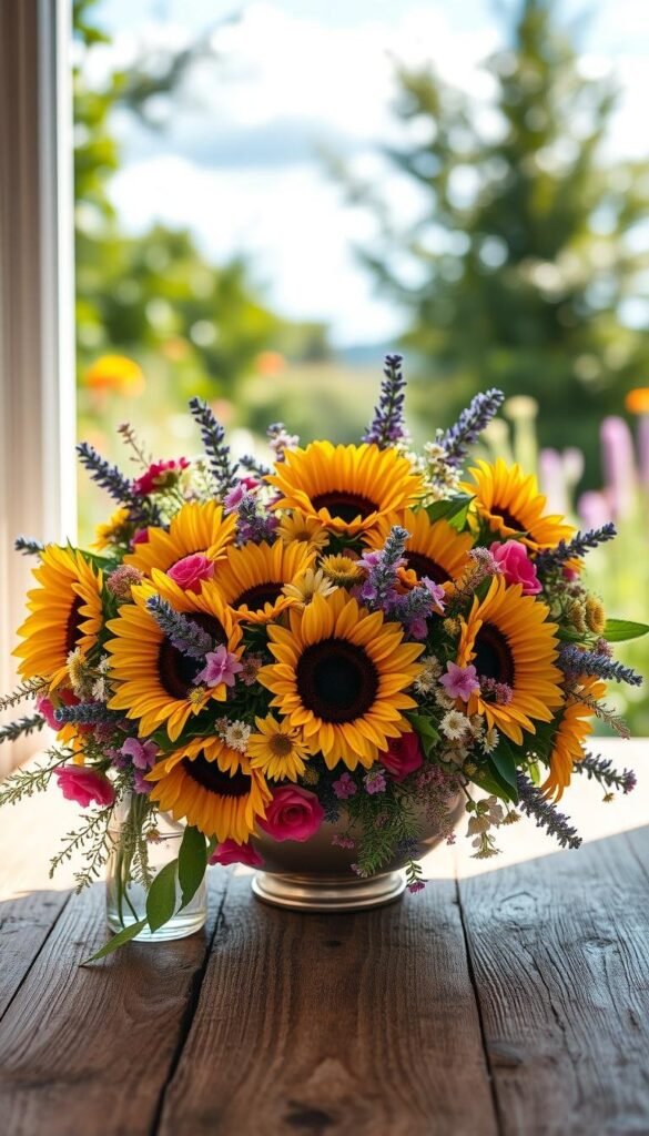 An elegant summer floral centerpiece, brimming with vibrant blooms. In the foreground, a lush arrangement of sunflowers, lavender, and delicate wildflowers, captured in natural daylight streaming through a window. The middle ground features a rustic wooden table, its surface complementing the colorful bouquet. In the background, a softly blurred garden scene, with verdant foliage and a cloudless blue sky, conveying a sense of tranquility and warmth. The lighting is soft and diffused, highlighting the vibrant hues and textures of the florals. Captured at a three-quarter angle, the composition draws the viewer's eye to the captivating centerpiece, evoking the essence of a bountiful summer harvest. An elegant summer floral centerpiece, brimming with vibrant blooms. In the foreground, a lush arrangement of sunflowers, lavender, and delicate wildflowers, captured in natural daylight streaming through a window. The middle ground features a rustic wooden table, its surface complementing the colorful bouquet. In the background, a softly blurred garden scene, with verdant foliage and a cloudless blue sky, conveying a sense of tranquility and warmth. The lighting is soft and diffused, highlighting the vibrant hues and textures of the florals. Captured at a three-quarter angle, the composition draws the viewer's eye to the captivating centerpiece, evoking the essence of a bountiful summer harvest.
