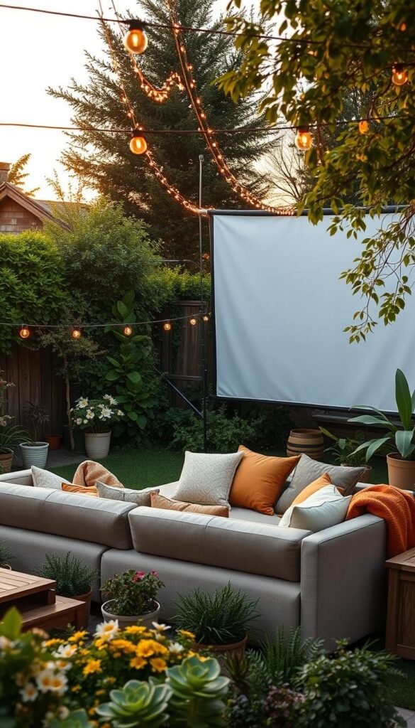 An idyllic summer movie night setup in a lush outdoor setting. A cozy, plush outdoor sofa and loveseat arrangement center stage, adorned with plush pillows and throws in warm, earthy tones. Twinkling string lights hang overhead, casting a soft, romantic glow. Potted plants and lush greenery surround the seating area, creating a natural, inviting ambiance. In the background, a large white projection screen stands ready to showcase the evening's cinematic feature. The scene is illuminated by the warm, golden light of a setting sun, casting long shadows and a tranquil, serene atmosphere. Wooden side tables and a coffee table complete the stylish, yet comfortable aesthetic, perfect for an engaging summer outdoor movie night.
