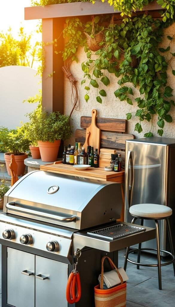 An image of a well-equipped outdoor kitchen setup, with functional summer accessories arranged neatly. In the foreground, a stainless steel grill with matching side tables, accompanied by a colorful array of grilling tools and utensils. In the middle ground, a rustic wooden serving station holds an assortment of condiments, spices, and a cutting board. Behind it, a sleek beverage cooler and a set of bar stools create a casual dining area. The background features lush greenery, such as potted herbs and leafy vines, creating a natural, inviting ambiance. The scene is illuminated by warm, golden sunlight, casting a soft, summery glow on the entire setup. Overall, the image conveys a sense of practicality, functionality, and a desire for effortless outdoor entertaining. An image of a well-equipped outdoor kitchen setup, with functional summer accessories arranged neatly. In the foreground, a stainless steel grill with matching side tables, accompanied by a colorful array of grilling tools and utensils. In the middle ground, a rustic wooden serving station holds an assortment of condiments, spices, and a cutting board. Behind it, a sleek beverage cooler and a set of bar stools create a casual dining area. The background features lush greenery, such as potted herbs and leafy vines, creating a natural, inviting ambiance. The scene is illuminated by warm, golden sunlight, casting a soft, summery glow on the entire setup. Overall, the image conveys a sense of practicality, functionality, and a desire for effortless outdoor entertaining.