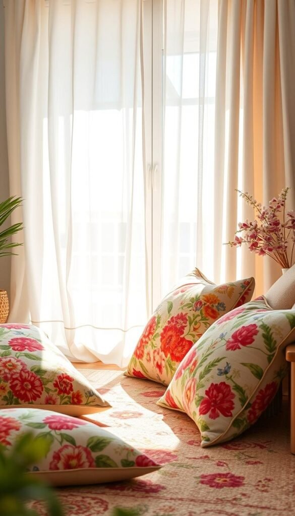 Bright, airy summer home decor textiles fill the scene. In the foreground, lush, colorful floral patterns adorn plush throw pillows and a large area rug. Midground features a flowing white linen curtain swaying gently in natural light, casting a warm, inviting glow. Breezy, lightweight window sheers in soft pastels complete the background, complementing the overall light, summery atmosphere. Subtle metallic accents gleam, adding touches of glamour. Crisp, high-key lighting from a large window emphasizes the serene, sun-drenched ambiance, creating an uplifting, rejuvenating mood. Sharp focus and a wide-angle lens capture the inviting, layered textile display. Bright, airy summer home decor textiles fill the scene. In the foreground, lush, colorful floral patterns adorn plush throw pillows and a large area rug. Midground features a flowing white linen curtain swaying gently in natural light, casting a warm, inviting glow. Breezy, lightweight window sheers in soft pastels complete the background, complementing the overall light, summery atmosphere. Subtle metallic accents gleam, adding touches of glamour. Crisp, high-key lighting from a large window emphasizes the serene, sun-drenched ambiance, creating an uplifting, rejuvenating mood. Sharp focus and a wide-angle lens capture the inviting, layered textile display.