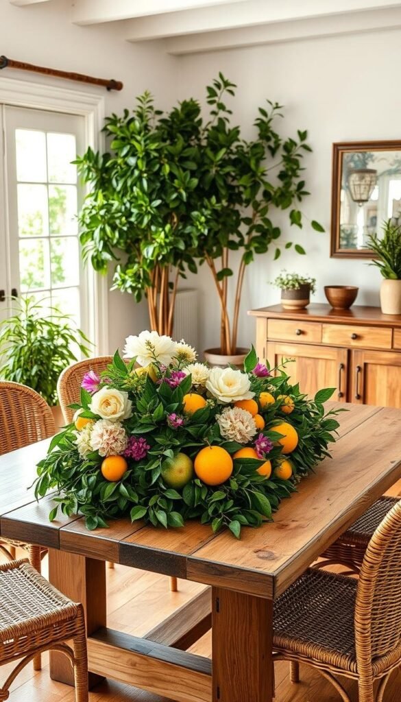 Bright and airy summer dining room setting with an abundance of natural elements. In the foreground, a rustic wooden table is adorned with a lush garland of fragrant flowers, leafy greenery, and sun-dappled citrus fruits. The middle ground showcases woven rattan chairs and a large, inviting window that floods the space with warm, golden light. In the background, lush potted plants and a weathered wooden sideboard create a sense of tranquility and ease. The overall mood is one of casual elegance, where the beauty of nature takes center stage. Bright and airy summer dining room setting with an abundance of natural elements. In the foreground, a rustic wooden table is adorned with a lush garland of fragrant flowers, leafy greenery, and sun-dappled citrus fruits. The middle ground showcases woven rattan chairs and a large, inviting window that floods the space with warm, golden light. In the background, lush potted plants and a weathered wooden sideboard create a sense of tranquility and ease. The overall mood is one of casual elegance, where the beauty of nature takes center stage.