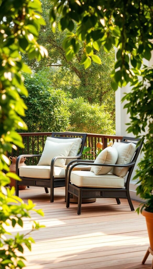 Comfortable patio furniture chairs arranged in a cozy, inviting setting. A pair of plush, cushioned armchairs in neutral tones, placed on a warm, wooden deck. Lush, verdant plants frame the scene, creating a peaceful, serene atmosphere. Soft, diffused lighting casts a gentle glow, accentuating the natural textures and creating a welcoming ambiance. The chairs are positioned to capture the beauty of the outdoor surroundings, encouraging relaxation and enjoyment of the summer weather. The overall composition exudes a sense of comfort, tranquility, and the perfect place to unwind. Comfortable patio furniture chairs arranged in a cozy, inviting setting. A pair of plush, cushioned armchairs in neutral tones, placed on a warm, wooden deck. Lush, verdant plants frame the scene, creating a peaceful, serene atmosphere. Soft, diffused lighting casts a gentle glow, accentuating the natural textures and creating a welcoming ambiance. The chairs are positioned to capture the beauty of the outdoor surroundings, encouraging relaxation and enjoyment of the summer weather. The overall composition exudes a sense of comfort, tranquility, and the perfect place to unwind.