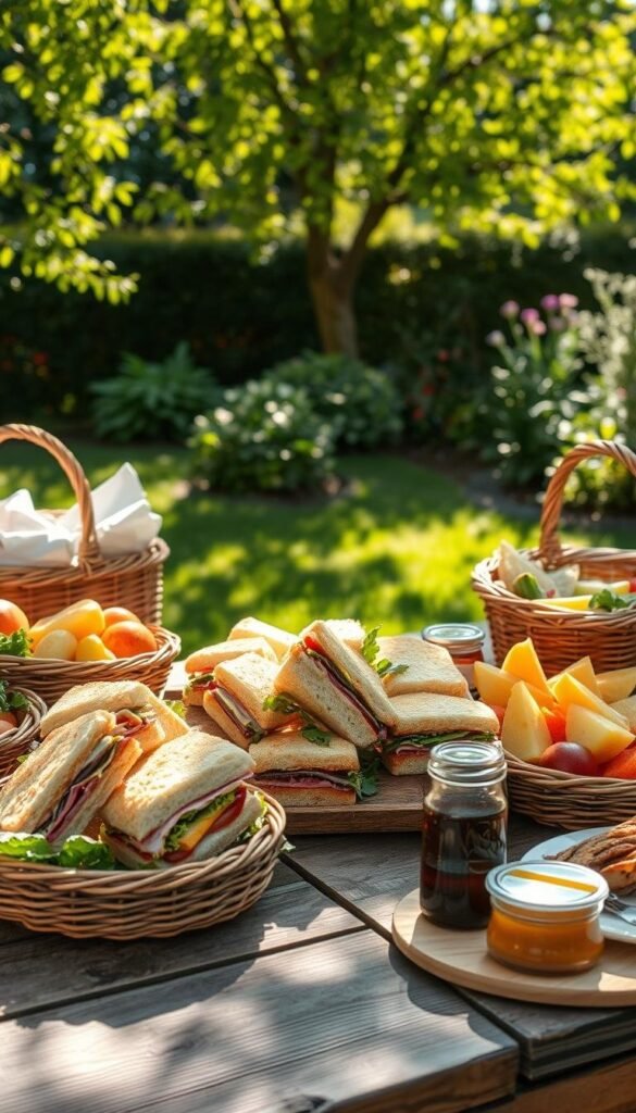 Delightful spring picnic sandwiches, artfully arranged on a rustic wooden table. The centerpiece features an assortment of colorful, freshly-made sandwiches, their fillings peeking out from soft, pillowy bread. Surrounding the sandwiches are wicker baskets overflowing with fresh fruits, crunchy vegetables, and a selection of condiments. Dappled sunlight filters through the trees, casting a warm, golden glow over the scene. In the background, a lush, verdant garden provides a serene, natural backdrop, hinting at the peaceful, al fresco setting. The overall mood is one of simple, effortless elegance, inviting the viewer to imagine themselves enjoying a leisurely spring picnic. Delightful spring picnic sandwiches, artfully arranged on a rustic wooden table. The centerpiece features an assortment of colorful, freshly-made sandwiches, their fillings peeking out from soft, pillowy bread. Surrounding the sandwiches are wicker baskets overflowing with fresh fruits, crunchy vegetables, and a selection of condiments. Dappled sunlight filters through the trees, casting a warm, golden glow over the scene. In the background, a lush, verdant garden provides a serene, natural backdrop, hinting at the peaceful, al fresco setting. The overall mood is one of simple, effortless elegance, inviting the viewer to imagine themselves enjoying a leisurely spring picnic.