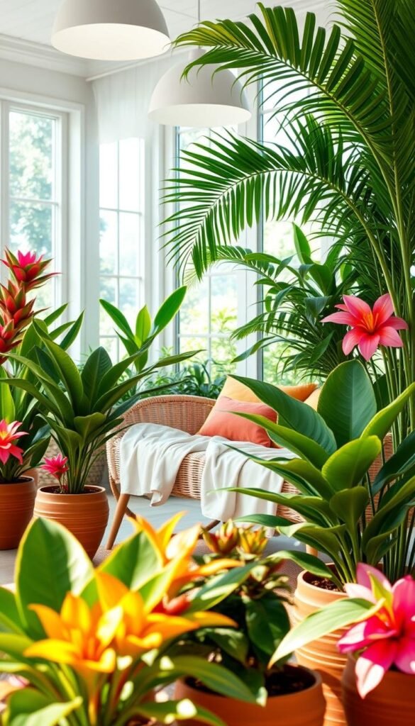Detailed, vibrant summer color palette decor in a well-lit, airy room. Foreground showcases an array of lush tropical plants in terracotta pots, with playful pops of fuchsia, marigold, and turquoise accents. Middle ground features a woven rattan daybed draped in lightweight, breezy fabrics in sunset hues. Lush greenery and sunlight streaming through large windows form the serene background. Soft, diffused lighting from overhead fixtures casts a warm, inviting glow. Capture the essence of a refreshing, summery ambiance perfect for relaxation. Detailed, vibrant summer color palette decor in a well-lit, airy room. Foreground showcases an array of lush tropical plants in terracotta pots, with playful pops of fuchsia, marigold, and turquoise accents. Middle ground features a woven rattan daybed draped in lightweight, breezy fabrics in sunset hues. Lush greenery and sunlight streaming through large windows form the serene background. Soft, diffused lighting from overhead fixtures casts a warm, inviting glow. Capture the essence of a refreshing, summery ambiance perfect for relaxation.