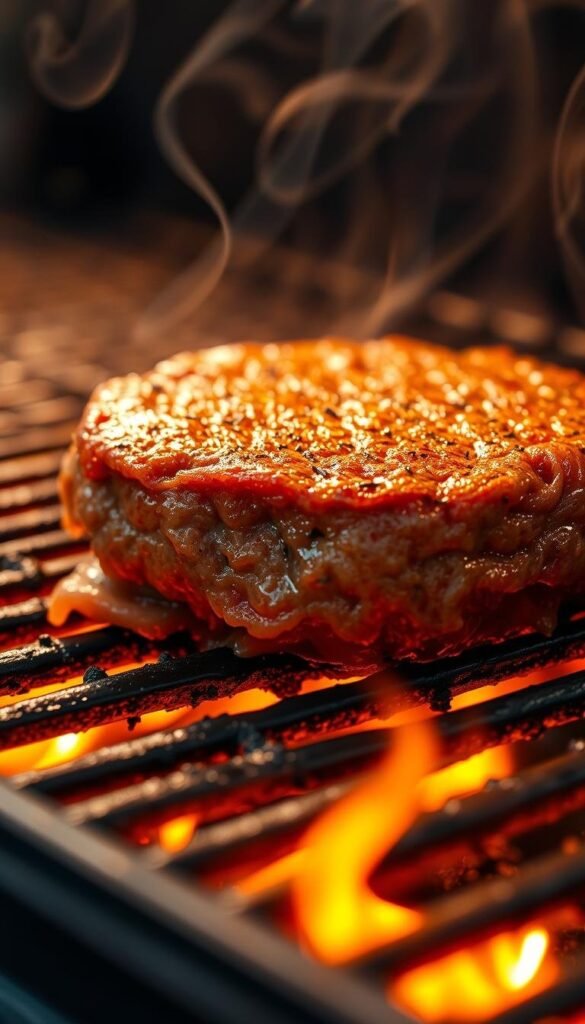 Juicy burger sizzling on a well-oiled grill, flames licking at the edges, creating a perfect char. Glistening patty, its surface peppered with seasoning, meat juices escaping in tempting wisps. Closeup angle captures the burger's cross-section, revealing a pink, succulent interior. Warm, ambient lighting casts a golden glow, highlighting the burger's luscious texture. Wisps of smoke curl upwards, hinting at the intense heat and flavorful cooking process. A masterful display of grilling techniques, showcasing the art of achieving the perfect juicy burger. Juicy burger sizzling on a well-oiled grill, flames licking at the edges, creating a perfect char. Glistening patty, its surface peppered with seasoning, meat juices escaping in tempting wisps. Closeup angle captures the burger's cross-section, revealing a pink, succulent interior. Warm, ambient lighting casts a golden glow, highlighting the burger's luscious texture. Wisps of smoke curl upwards, hinting at the intense heat and flavorful cooking process. A masterful display of grilling techniques, showcasing the art of achieving the perfect juicy burger.