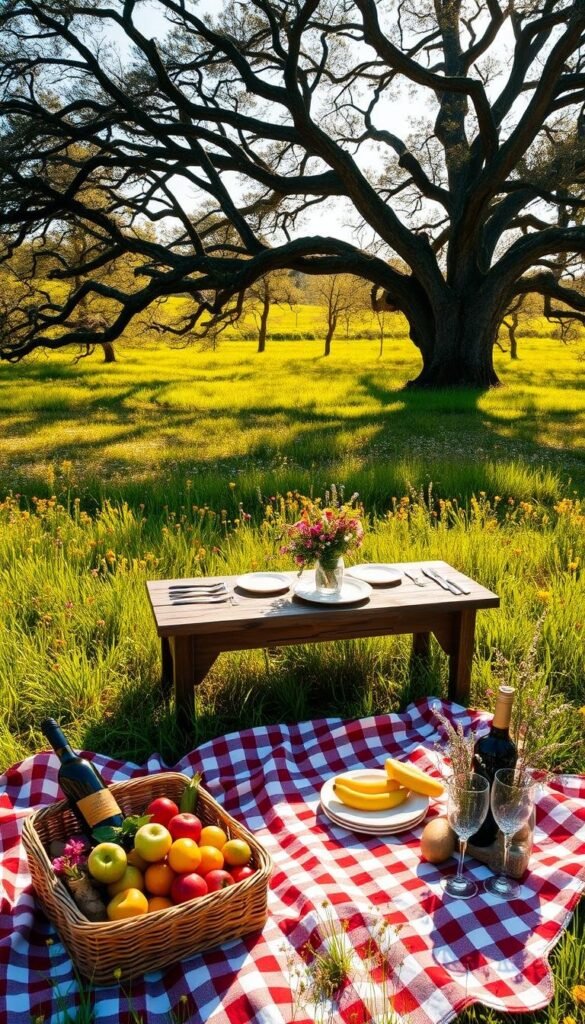 Picnic preparation tips: A picturesque scene of a lush, grassy meadow with vibrant wildflowers, illuminated by warm, golden sunlight. In the foreground, a checkered picnic blanket is spread out, accompanied by a wicker basket overflowing with fresh fruits, crisp vegetables, and a bottle of chilled wine. In the middle ground, a rustic wooden table is set with a simple yet elegant arrangement of plates, utensils, and a bouquet of wildflowers. In the background, a cluster of towering oak trees provide gentle shade, casting a peaceful ambiance. The overall composition conveys a sense of natural harmony and the joy of outdoor dining. Picnic preparation tips: A picturesque scene of a lush, grassy meadow with vibrant wildflowers, illuminated by warm, golden sunlight. In the foreground, a checkered picnic blanket is spread out, accompanied by a wicker basket overflowing with fresh fruits, crisp vegetables, and a bottle of chilled wine. In the middle ground, a rustic wooden table is set with a simple yet elegant arrangement of plates, utensils, and a bouquet of wildflowers. In the background, a cluster of towering oak trees provide gentle shade, casting a peaceful ambiance. The overall composition conveys a sense of natural harmony and the joy of outdoor dining.