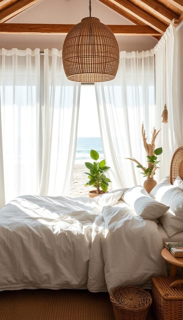 Prompt A sun-drenched coastal bedroom with a cozy, natural-fiber bed dressed in crisp white linen sheets and a plush, textured duvet. Sheer white curtains frame the view of a beach and ocean in the distance, casting a soft, diffused light throughout the space. A rattan headboard, woven pendant light, and driftwood accents add organic, beachy touches, while potted plants and a woven basket lend a touch of greenery. The overall atmosphere is one of tranquility, relaxation, and effortless summer style. Prompt A sun-drenched coastal bedroom with a cozy, natural-fiber bed dressed in crisp white linen sheets and a plush, textured duvet. Sheer white curtains frame the view of a beach and ocean in the distance, casting a soft, diffused light throughout the space. A rattan headboard, woven pendant light, and driftwood accents add organic, beachy touches, while potted plants and a woven basket lend a touch of greenery. The overall atmosphere is one of tranquility, relaxation, and effortless summer style.