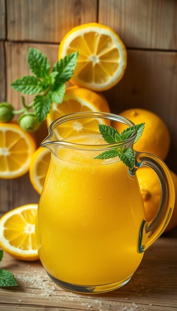 Vibrant lemon slices, juicy and ripe, arranged artfully against a rustic wooden surface. Complemented by sprigs of fresh mint, their verdant hues adding a touch of natural elegance. In the foreground, a glass pitcher filled with a golden, effervescent lemonade, its surface gently reflecting the warm, ambient lighting. The scene is infused with a sense of simplicity and homespun charm, evoking the essence of a breezy, sun-dappled summer day. A subtle vignette effect adds to the nostalgic, timeless quality of the image, inviting the viewer to savor the flavors of locally sourced, seasonal ingredients. Vibrant lemon slices, juicy and ripe, arranged artfully against a rustic wooden surface. Complemented by sprigs of fresh mint, their verdant hues adding a touch of natural elegance. In the foreground, a glass pitcher filled with a golden, effervescent lemonade, its surface gently reflecting the warm, ambient lighting. The scene is infused with a sense of simplicity and homespun charm, evoking the essence of a breezy, sun-dappled summer day. A subtle vignette effect adds to the nostalgic, timeless quality of the image, inviting the viewer to savor the flavors of locally sourced, seasonal ingredients.