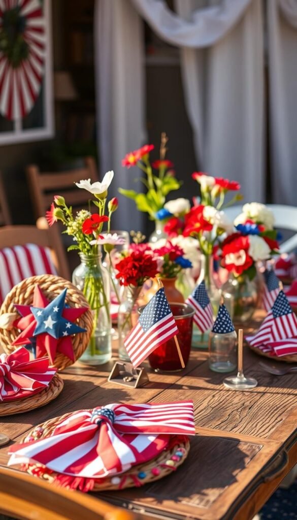 Vibrant red, white, and blue décor pieces artfully arranged on a rustic wooden table, creating an inviting and patriotic atmosphere. In the foreground, an assortment of star-spangled accents, from a woven patriotic wreath to striped napkins and decorative flags. In the middle ground, a mix of classic Americana elements like glass vases filled with red and blue flowers, set against a backdrop of crisp white linens. The lighting is warm and natural, casting a soft glow over the scene, evoking a sense of intimate celebration. The overall composition conveys a welcoming and personal ambiance, perfectly suited for a 4th of July picnic gathering. Vibrant red, white, and blue décor pieces artfully arranged on a rustic wooden table, creating an inviting and patriotic atmosphere. In the foreground, an assortment of star-spangled accents, from a woven patriotic wreath to striped napkins and decorative flags. In the middle ground, a mix of classic Americana elements like glass vases filled with red and blue flowers, set against a backdrop of crisp white linens. The lighting is warm and natural, casting a soft glow over the scene, evoking a sense of intimate celebration. The overall composition conveys a welcoming and personal ambiance, perfectly suited for a 4th of July picnic gathering.