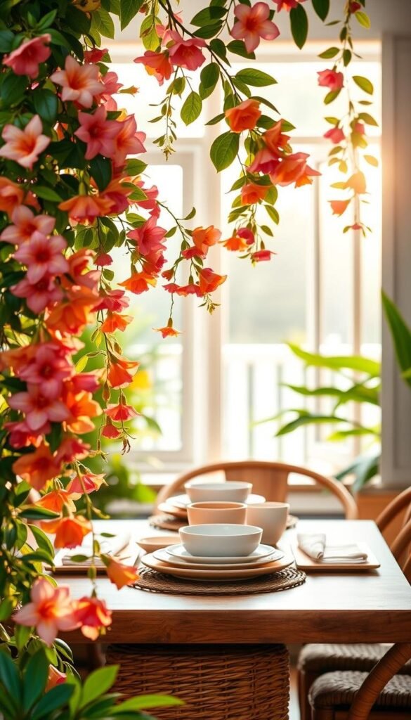 Vibrant summer color palette, soft focus. Foreground showcases a lush, tropical-inspired arrangement of fresh flowers and foliage in shades of pink, orange, and yellow. Cascading vines and leafy plants frame the composition. Middle ground features a minimalist wood-and-rattan table setting with pastel-hued plates, cups, and napkins. Subtle backlighting casts a warm, golden glow. In the background, a sun-dappled window overlooking a breezy outdoor scene, with filtered light streaming in. Peaceful, serene atmosphere evokes the essence of summer. Vibrant summer color palette, soft focus. Foreground showcases a lush, tropical-inspired arrangement of fresh flowers and foliage in shades of pink, orange, and yellow. Cascading vines and leafy plants frame the composition. Middle ground features a minimalist wood-and-rattan table setting with pastel-hued plates, cups, and napkins. Subtle backlighting casts a warm, golden glow. In the background, a sun-dappled window overlooking a breezy outdoor scene, with filtered light streaming in. Peaceful, serene atmosphere evokes the essence of summer.