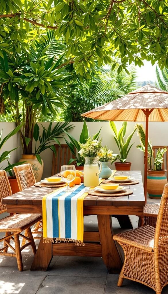 Vibrant summer kitchen color palette for patio decor: a sun-drenched outdoor scene with a rustic wooden table, woven placemats, and a mix of citrus-inspired hues - tangerine, lemon, lime, and pops of azure blue in a striped linen runner. Overhead, a lush canopy of tropical foliage casts dappled shadows, creating a serene, naturally-lit ambiance. Weathered ceramics, painted terracotta pots, and a straw thatched umbrella add tactile layers, while a pitcher of freshly squeezed lemonade completes the effortlessly breezy, al fresco vibe. Vibrant summer kitchen color palette for patio decor: a sun-drenched outdoor scene with a rustic wooden table, woven placemats, and a mix of citrus-inspired hues - tangerine, lemon, lime, and pops of azure blue in a striped linen runner. Overhead, a lush canopy of tropical foliage casts dappled shadows, creating a serene, naturally-lit ambiance. Weathered ceramics, painted terracotta pots, and a straw thatched umbrella add tactile layers, while a pitcher of freshly squeezed lemonade completes the effortlessly breezy, al fresco vibe.
