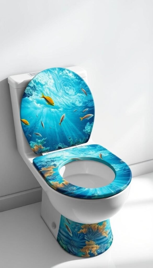 a highly detailed digital illustration of a set of ocean-inspired toilet seat covers, featuring a vibrant underwater scene with swirling currents, schools of tropical fish, and a sense of serene tranquility. The covers are made of a durable, water-resistant material with a realistic, textured surface that mimics the appearance of coral or seaweed. The design is eye-catching yet calming, with a soft color palette of blues, greens, and hints of orange. The covers are presented in a clean, well-lit studio setting, shot from a slightly elevated angle to showcase the intricate patterns and attention to detail. The overall mood is one of refreshing spa-like ambiance, perfectly complementing the "Personalize Your Space" section of the bathroom update article. a highly detailed digital illustration of a set of ocean-inspired toilet seat covers, featuring a vibrant underwater scene with swirling currents, schools of tropical fish, and a sense of serene tranquility. The covers are made of a durable, water-resistant material with a realistic, textured surface that mimics the appearance of coral or seaweed. The design is eye-catching yet calming, with a soft color palette of blues, greens, and hints of orange. The covers are presented in a clean, well-lit studio setting, shot from a slightly elevated angle to showcase the intricate patterns and attention to detail. The overall mood is one of refreshing spa-like ambiance, perfectly complementing the "Personalize Your Space" section of the bathroom update article.