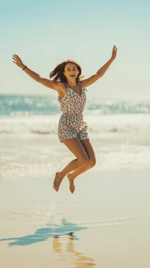 A bright, airy summer scene featuring a selection of feminine rompers in whimsical, colorful prints. In the foreground, a flowing, floral-patterned romper with ruffled sleeves and a high, cinched waist. In the middle ground, a playful gingham-printed jumpsuit with a deep v-neckline and flowy, wide-leg silhouette. In the background, a group of rompers in soft pastel hues like mint, peach, and lavender, adorned with delicate floral motifs. The lighting is warm and sun-dappled, casting a golden glow across the scene. The camera angle is slightly elevated, giving a flattering perspective on the outfits. The overall mood is feminine, lighthearted, and perfect for a summer day.