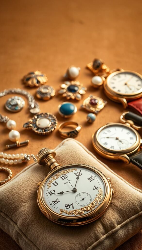 A beautifully lit closeup of an elegant display of heirloom jewelry and quality watches. In the foreground, a vintage gold pocket watch with an intricate engraved case sits atop a soft velvet cushion, its hands frozen in time. Surrounding it, a delicate necklace with a pearl pendant, a pair of diamond stud earrings, and a worn leather strap of an antique wristwatch. In the middle ground, a collection of vintage brooches, cufflinks, and rings in precious metals and gemstones are arranged with care. The background is a warm, neutral tone, allowing the subtle opulence of the accessories to take center stage. The lighting is soft and diffused, highlighting the timeless craftsmanship and quality of these prized possessions. A beautifully lit closeup of an elegant display of heirloom jewelry and quality watches. In the foreground, a vintage gold pocket watch with an intricate engraved case sits atop a soft velvet cushion, its hands frozen in time. Surrounding it, a delicate necklace with a pearl pendant, a pair of diamond stud earrings, and a worn leather strap of an antique wristwatch. In the middle ground, a collection of vintage brooches, cufflinks, and rings in precious metals and gemstones are arranged with care. The background is a warm, neutral tone, allowing the subtle opulence of the accessories to take center stage. The lighting is soft and diffused, highlighting the timeless craftsmanship and quality of these prized possessions.