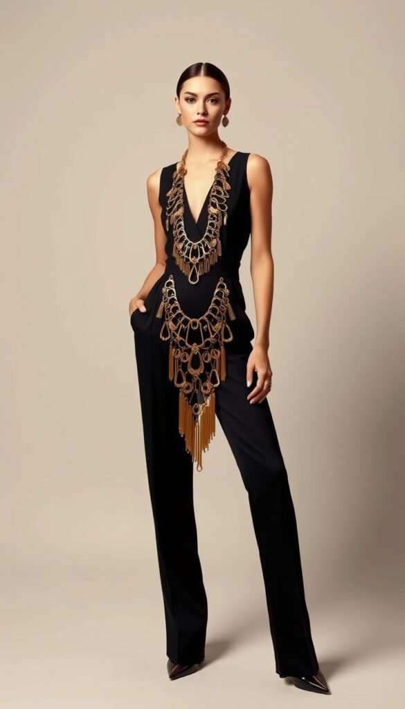 A beautifully styled, fashion-forward outfit with a statement accessory set against a chic, minimalist background. In the foreground, a sleek, tailored jumpsuit in an elegant black hue, accentuated by a bold, oversized gold necklace that cascades down the model's décolletage. The necklace's intricate, sculptural design adds an eye-catching, high-fashion touch. In the middle ground, the model poses confidently, their stance conveying a sense of effortless sophistication. The lighting is soft and directional, creating subtle shadows that highlight the outfit's sharp lines and the accessory's lustrous finish. The background is a plain, neutral-toned studio setting, allowing the outfit and accessory to take center stage. The overall mood is one of chic, modern style elevated by a statement-making piece that transforms a simple look into a head-turning ensemble. A beautifully styled, fashion-forward outfit with a statement accessory set against a chic, minimalist background. In the foreground, a sleek, tailored jumpsuit in an elegant black hue, accentuated by a bold, oversized gold necklace that cascades down the model's décolletage. The necklace's intricate, sculptural design adds an eye-catching, high-fashion touch. In the middle ground, the model poses confidently, their stance conveying a sense of effortless sophistication. The lighting is soft and directional, creating subtle shadows that highlight the outfit's sharp lines and the accessory's lustrous finish. The background is a plain, neutral-toned studio setting, allowing the outfit and accessory to take center stage. The overall mood is one of chic, modern style elevated by a statement-making piece that transforms a simple look into a head-turning ensemble.