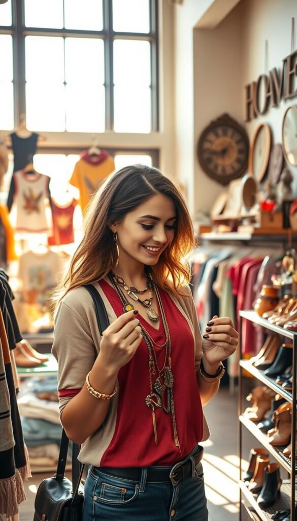 A brightly lit thrift store interior, sunlight streaming through large windows and casting a warm glow on an array of vintage clothing and accessories. In the foreground, a fashionable young woman examines a set of funky jewelry pieces, her expression one of delight as she imagines how to incorporate them into a stylish outfit. In the middle ground, shelves brimming with unique finds, from retro band tees to statement-making shoes. The background showcases the store's eclectic mix of furniture, décor, and knickknacks, hinting at the treasure trove of hidden gems waiting to be discovered. The overall mood is one of inspiration and possibility, capturing the thrill of curating a budget-friendly, head-turning look. A brightly lit thrift store interior, sunlight streaming through large windows and casting a warm glow on an array of vintage clothing and accessories. In the foreground, a fashionable young woman examines a set of funky jewelry pieces, her expression one of delight as she imagines how to incorporate them into a stylish outfit. In the middle ground, shelves brimming with unique finds, from retro band tees to statement-making shoes. The background showcases the store's eclectic mix of furniture, décor, and knickknacks, hinting at the treasure trove of hidden gems waiting to be discovered. The overall mood is one of inspiration and possibility, capturing the thrill of curating a budget-friendly, head-turning look.