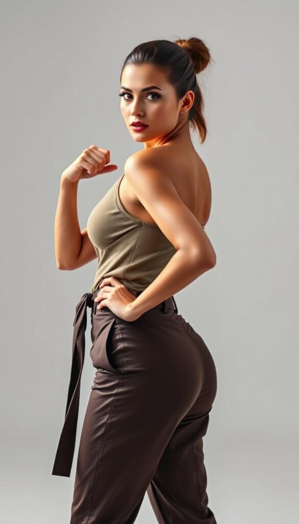 A confident woman strikes a powerful pose, shoulders back, chin up, exuding self-assurance. She stands in a well-lit studio, dressed in a fashionable ensemble that accentuates her figure. The lighting casts dramatic shadows, highlighting her strong silhouette and the bold lines of her outfit. Her expression is one of unwavering determination, her gaze focused and intense, conveying the attitude needed to pull off any stylish look. The background is minimalist, allowing the subject to be the central focus, a study in the art of projecting fashion confidence through body language. A confident woman strikes a powerful pose, shoulders back, chin up, exuding self-assurance. She stands in a well-lit studio, dressed in a fashionable ensemble that accentuates her figure. The lighting casts dramatic shadows, highlighting her strong silhouette and the bold lines of her outfit. Her expression is one of unwavering determination, her gaze focused and intense, conveying the attitude needed to pull off any stylish look. The background is minimalist, allowing the subject to be the central focus, a study in the art of projecting fashion confidence through body language.