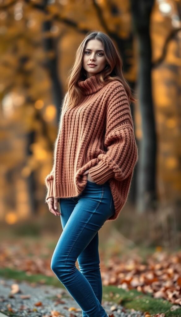 A cozy and stylish fall outfit featuring an oversized chunky knit sweater in a warm, earthy tone. The sweater has a loose, drapey silhouette and a slightly cropped length, paired with slim-fit blue jeans that create a flattering, balanced look. The model is standing in a natural, autumnal setting with a blurred background of trees and foliage in golden hues, creating a serene, atmospheric scene. Soft, diffused lighting from the side casts subtle shadows and highlights the textural details of the sweater. The overall mood is one of comfy, effortless autumn style. A cozy and stylish fall outfit featuring an oversized chunky knit sweater in a warm, earthy tone. The sweater has a loose, drapey silhouette and a slightly cropped length, paired with slim-fit blue jeans that create a flattering, balanced look. The model is standing in a natural, autumnal setting with a blurred background of trees and foliage in golden hues, creating a serene, atmospheric scene. Soft, diffused lighting from the side casts subtle shadows and highlights the textural details of the sweater. The overall mood is one of comfy, effortless autumn style.