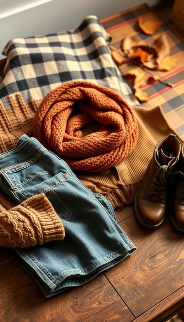 A cozy autumn scene with an arrangement of essential fall clothing items on a rustic wooden table. In the foreground, a plush cable-knit sweater, a pair of faded denim jeans, and a pair of leather boots with intricate stitching. In the middle ground, a chunky wool scarf in a vibrant, earthy tone and a corduroy button-up shirt. In the background, a patterned flannel blanket and a few fallen leaves, bathed in warm, soft lighting, creating a sense of seasonal comfort and coziness. A cozy autumn scene with an arrangement of essential fall clothing items on a rustic wooden table. In the foreground, a plush cable-knit sweater, a pair of faded denim jeans, and a pair of leather boots with intricate stitching. In the middle ground, a chunky wool scarf in a vibrant, earthy tone and a corduroy button-up shirt. In the background, a patterned flannel blanket and a few fallen leaves, bathed in warm, soft lighting, creating a sense of seasonal comfort and coziness.