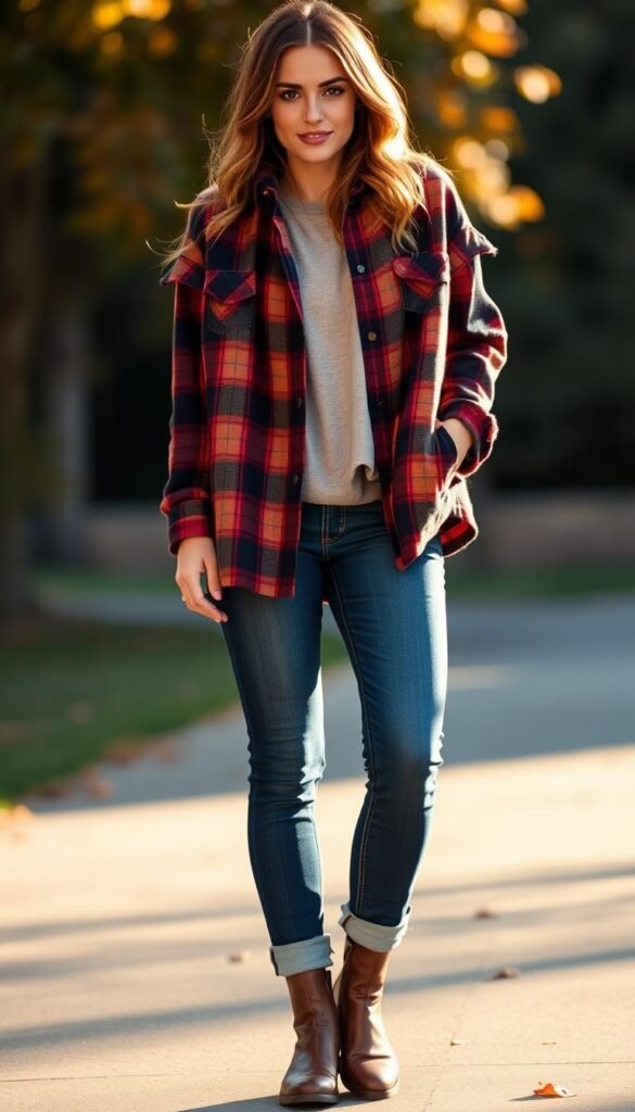 A cozy, autumnal outfit: a plaid shacket in muted tones of red, brown, and grey, layered over a soft, thermal henley top. The shacket has a relaxed, oversized fit, with a button-down front and a collar that can be worn up or down. The model pairs it with classic high-waisted mom jeans in a medium blue wash, cuffed at the ankles to show off a pair of brown leather Chelsea boots. The lighting is warm and soft, with gentle shadows that accentuate the textures of the fabrics. The background is a blurred, natural setting, hinting at the changing leaves of the season. The overall mood is comfy, cozy, and effortlessly stylish - the perfect transitional fall outfit. A cozy, autumnal outfit: a plaid shacket in muted tones of red, brown, and grey, layered over a soft, thermal henley top. The shacket has a relaxed, oversized fit, with a button-down front and a collar that can be worn up or down. The model pairs it with classic high-waisted mom jeans in a medium blue wash, cuffed at the ankles to show off a pair of brown leather Chelsea boots. The lighting is warm and soft, with gentle shadows that accentuate the textures of the fabrics. The background is a blurred, natural setting, hinting at the changing leaves of the season. The overall mood is comfy, cozy, and effortlessly stylish - the perfect transitional fall outfit.